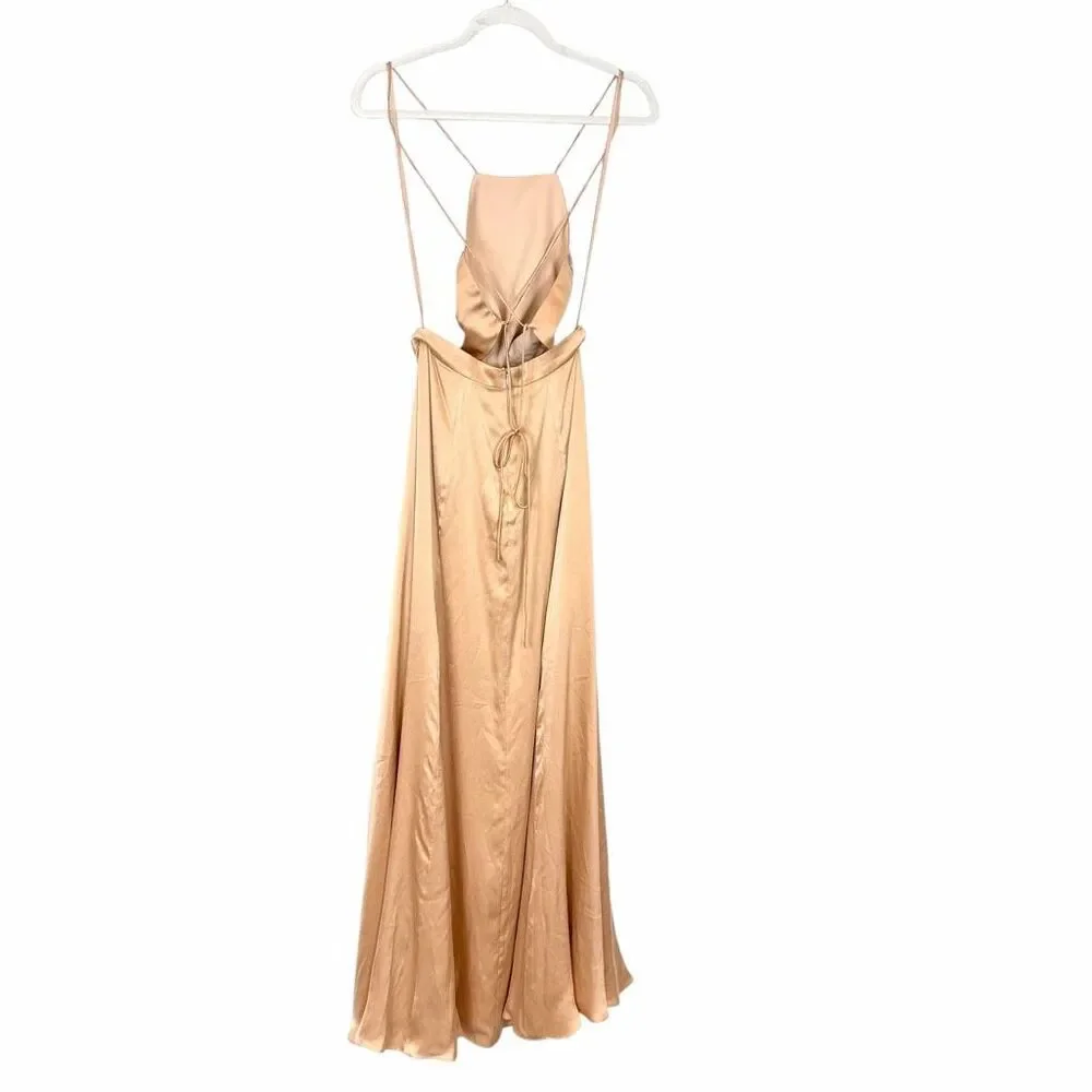 NWT Fame And Partners Maxi Dress Womens 2 Gold Beige Open Criss Cross Back Gown